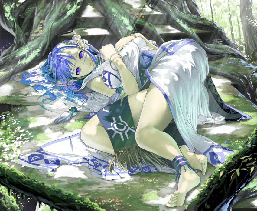 1girl, barefoot, elf, feet, female_focus, hands_on_own_chest, light_rays, lying
