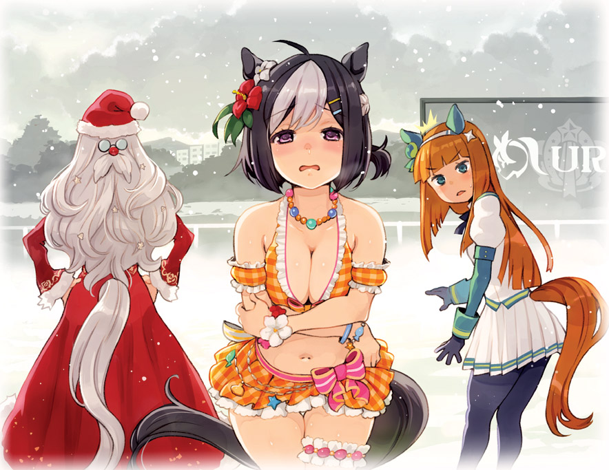 3girls, ahoge, animal_ears, bare_shoulders, bikini, biwa_hayahide_(rouge_caroler)_(umamusume), biwa_hayahide_(umamusume), black_hair