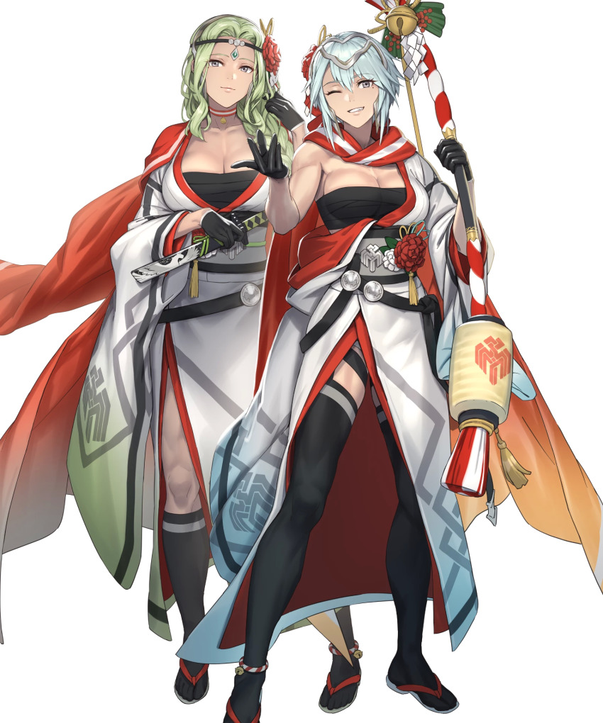2girls, alternate_costume, anklet, black_gloves, black_thighhighs, blue_hair, bow_(weapon), braid, breasts, circlet, cleavage, cuboon, dagr_(fire_emblem), dagr_(new_year)_(fire_emblem), female_focus, fire_emblem, fire_emblem_heroes, flower, full_body, gloves, green_hair, grin, hair_flower, hair_ornament, highres, holding, holding_bow_(weapon), holding_sword, holding_weapon, japanese_clothes, jewelry, kimono, large_breasts, long_hair, looking_at_viewer, mole, mole_under_eye, multiple_girls, nintendo, nott_(fire_emblem), nott_(new_year)_(fire_emblem), official_alternate_costume, official_art, one_eye_closed, sandals, sheath, sheathed, short_hair, siblings, single_braid, sisters, smile, socks, standing, sword, thighhighs, transparent_background, twins, weapon, wink
