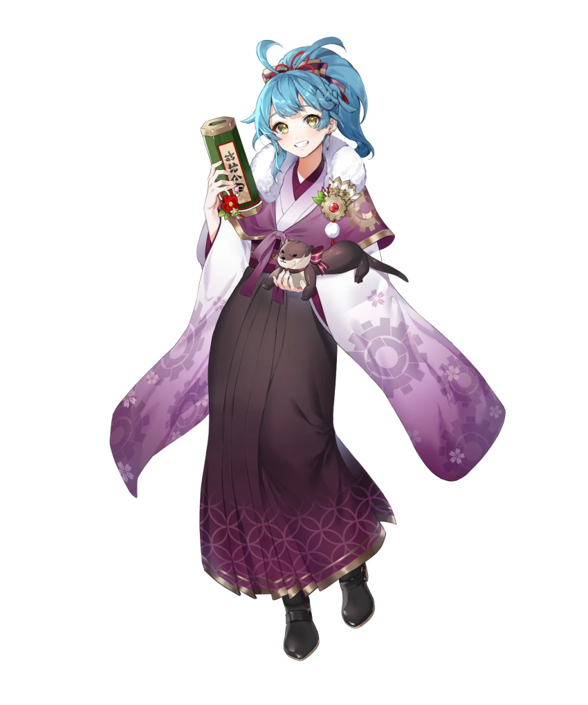 1girl, ankle_boots, blue_hair, boots, bow, capelet, earrings, female_focus, fire_emblem, fire_emblem_heroes, fur_trim, gold_trim, gradient_clothes, grin, hair_ornament, hakama, hakama_skirt, head_tilt, highres, holding, ichibi, japanese_clothes, jewelry, kimono, long_hair, long_sleeves, looking_at_viewer, nintendo, obi, official_alternate_costume, official_art, parted_lips, ponytail, reginn_(fire_emblem), reginn_(new_year)_(fire_emblem), sash, skirt, smile, solo, standing, stuffed_animal, stuffed_toy, transparent_background, wide_sleeves, yellow_eyes