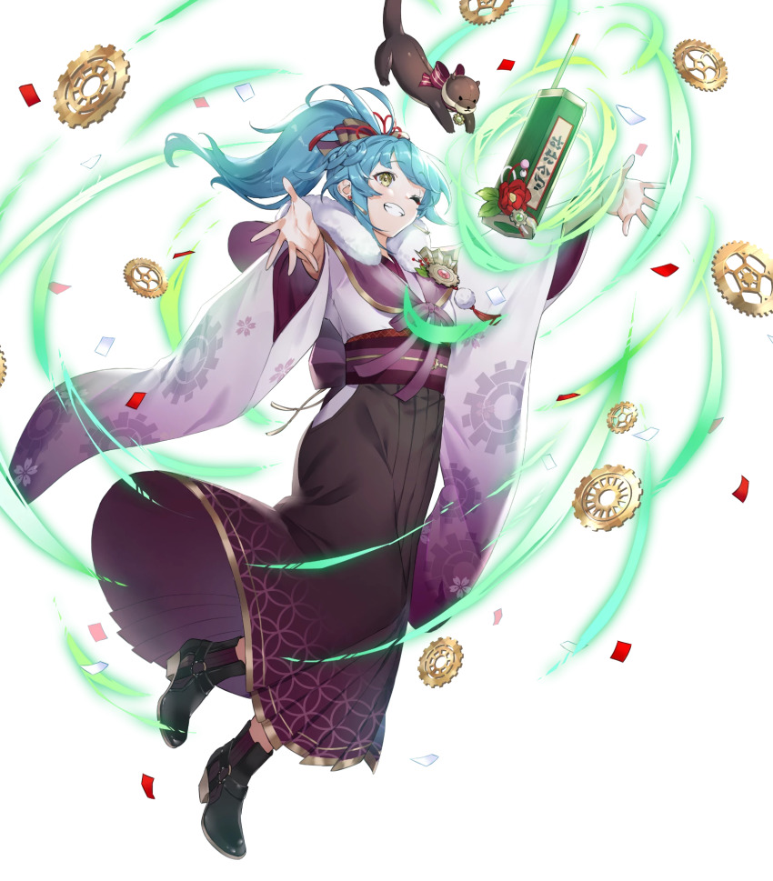 1girl, ankle_boots, blue_hair, boots, bow, capelet, confetti, female_focus, fire_emblem, fire_emblem_heroes, floating, floating_object, fur_trim, gears, gold_trim, gradient_clothes, grin, hair_bow, hakama, hakama_skirt, highres, ichibi, japanese_clothes, kimono, long_hair, long_sleeves, looking_away, nintendo, obi, official_alternate_costume, official_art, one_eye_closed, outstretched_arms, parted_lips, ponytail, reginn_(fire_emblem), reginn_(new_year)_(fire_emblem), sash, skirt, smile, solo, spread_arms, stuffed_animal, stuffed_toy, transparent_background, wide_sleeves, wink, yellow_eyes