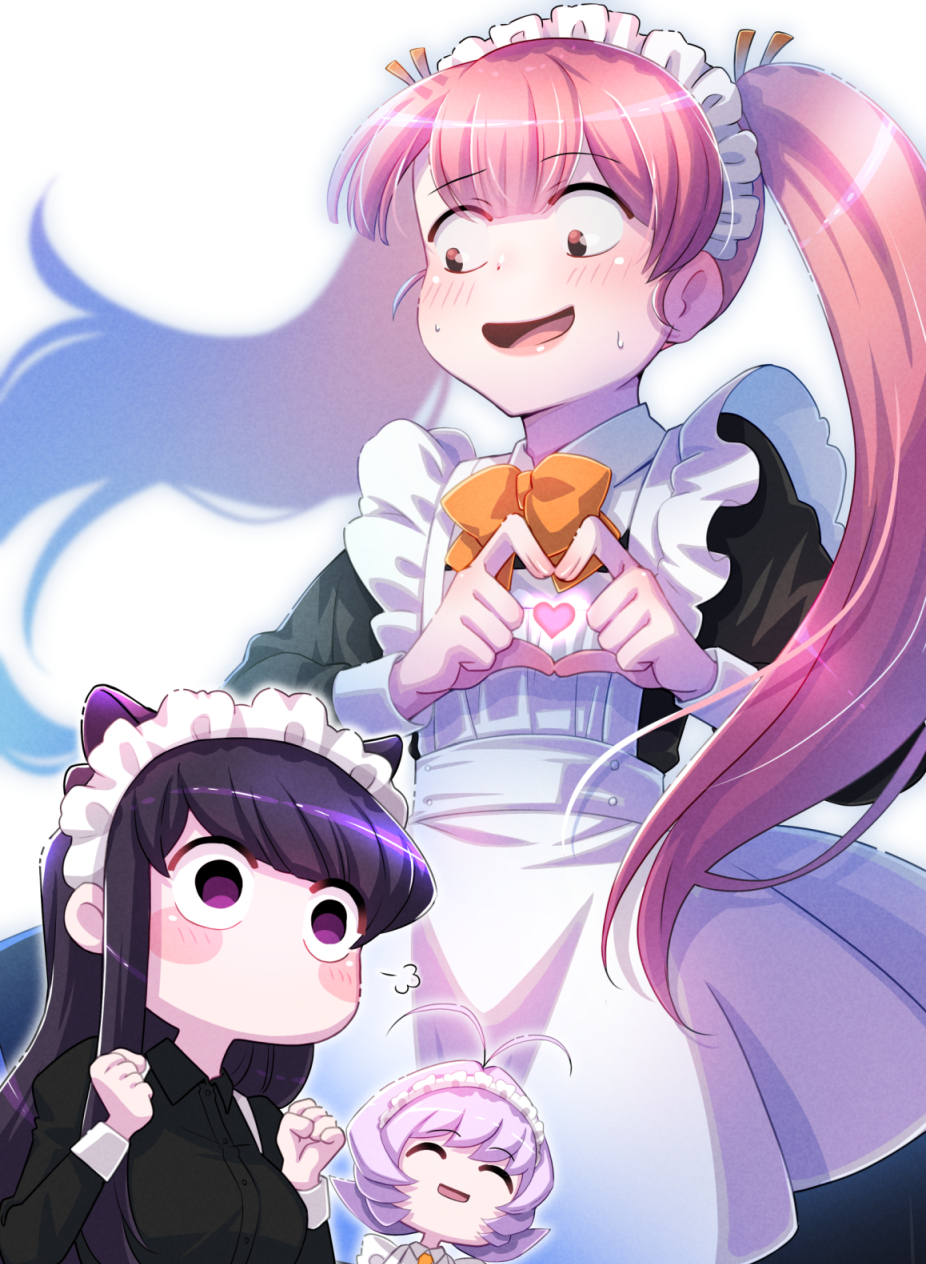 1boy, 1girl, 1other, animal_ears, antenna_hair, black_hair, blush, brown_eyes, cat_ears, chibi, closed_eyes, commentary_request, crossdressing, heart, heart_hands, hidanoizumi, highres, komi-san_wa_komyushou_desu, komi_shouko, long_hair, long_sleeves, maid, maid_headdress, no_mouth, osana_najimi_(komi-san_wa_komyushou_desu), pink_hair, purple_eyes, short_hair, sweat, tadano_hitohito, trap, twintails