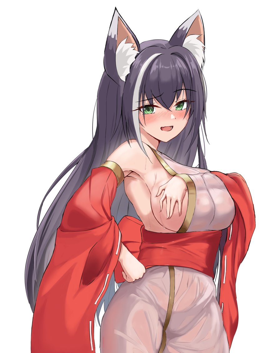 1girl, absurdres, animal_ears, black_hair, blush, breasts, cat_ears, cat_girl, cat_tail, green_eyes, highres, karyl_(princess_connect!), large_breasts, long_hair, looking_at_viewer, open_mouth, princess_connect!, sogogy, tail