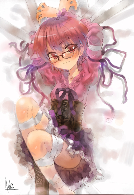 1girl, arms_up, artist_name, asuka_shirou, blush, boots, closed_mouth, collarbone