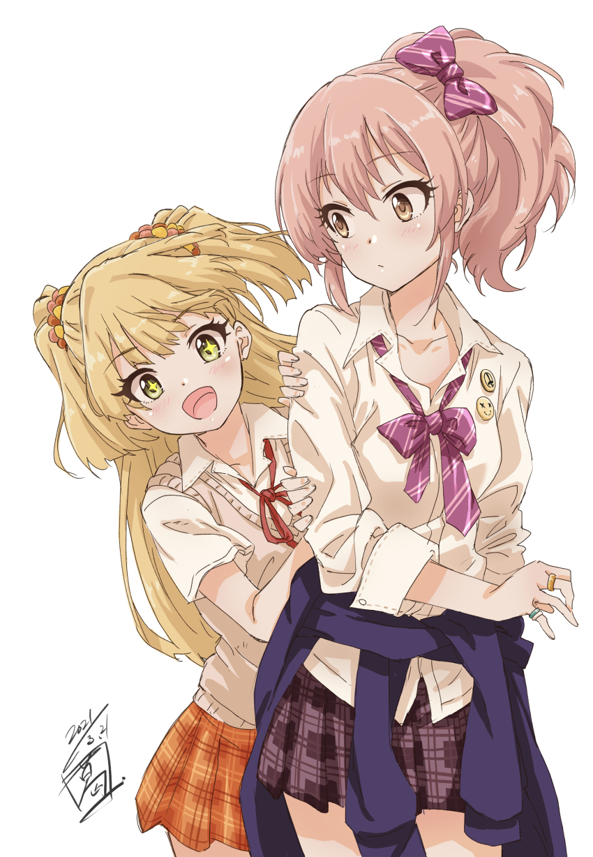 +_+, 2girls, :d, absurdres, blonde_hair, blush, bow, bowtie