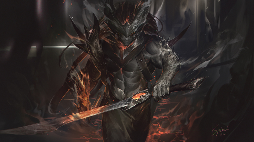 1boy, abs, absurdres, armor, black_hair, black_skin, closed_mouth, colored_skin, dated, fire, gradient_background, helmet, highres, holding, holding_sword, holding_weapon, league_of_legends, long_hair, looking_at_viewer, male_focus, muscular, muscular_male, navel, nightbringer_yasuo, red_eyes, shoulder_armor, signature, solo, spikes, sword, weapon, wutu_(1183238220), yasuo_(league_of_legends)