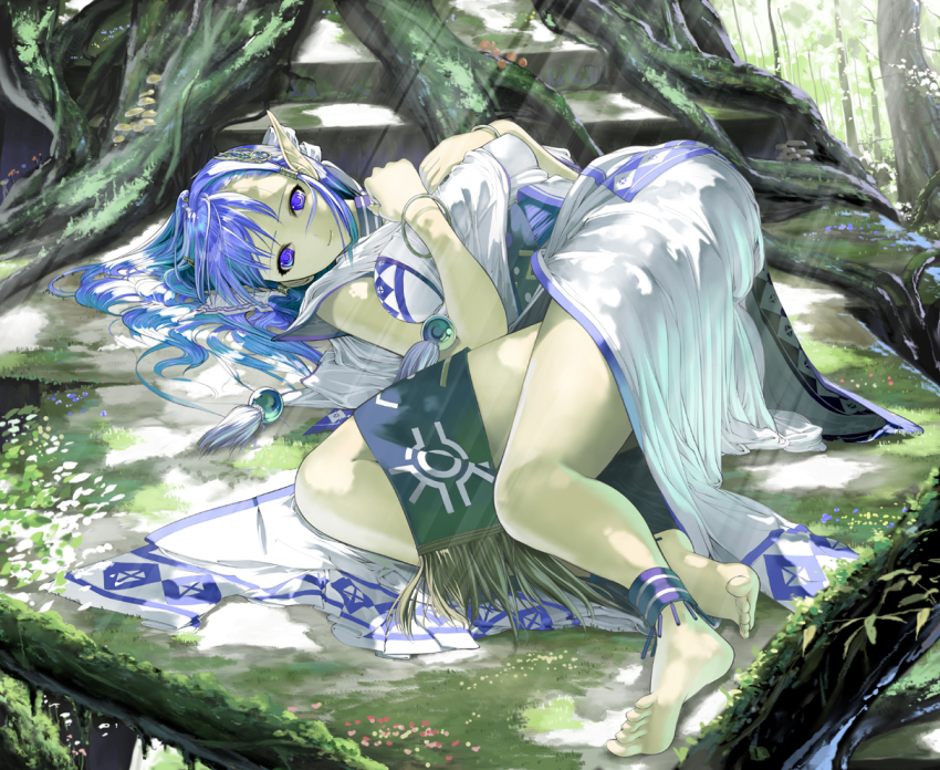 1girl, anklet, bad_anatomy, bad_feet, bad_id, bad_pixiv_id, barefoot, blue_hair, bracelet, breasts, elf, feet, female_focus, forest, grass, hair_ornament, hairclip, hand_on_another's_chest, hands_on_own_chest, jewelry, large_breasts, legs, light_rays, long_hair, lying, moss, mushroom, nakabayashi_reimei, nature, olha_(ys), outdoors, plant_roots, pointy_ears, poorly_drawn, purple_eyes, smile, soles, solo, sunbeam, sunlight, toes, tree, ys, ys_vi, ys_vi:_the_ark_of_napishtim