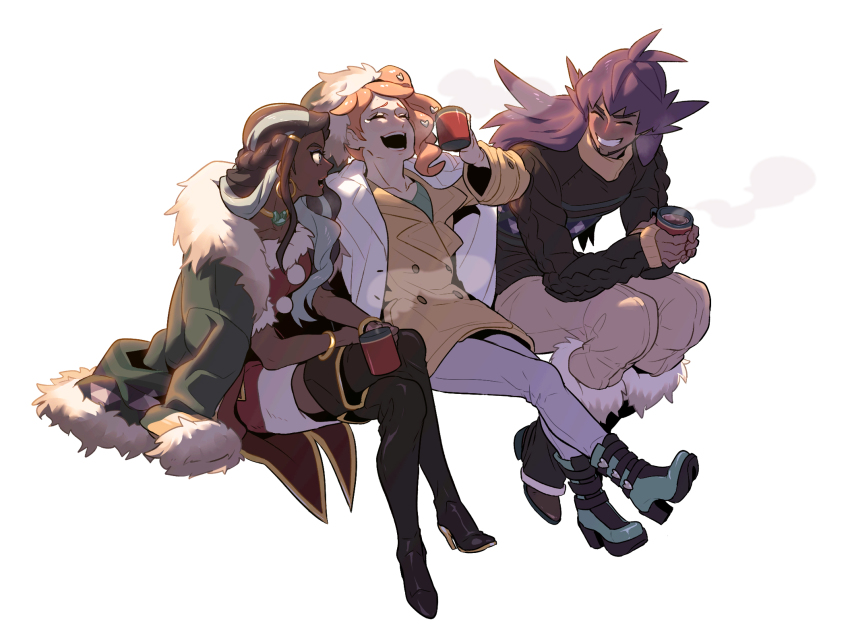 1boy, 2girls, :d, alternate_costume, black_footwear, blush, boots, bracelet