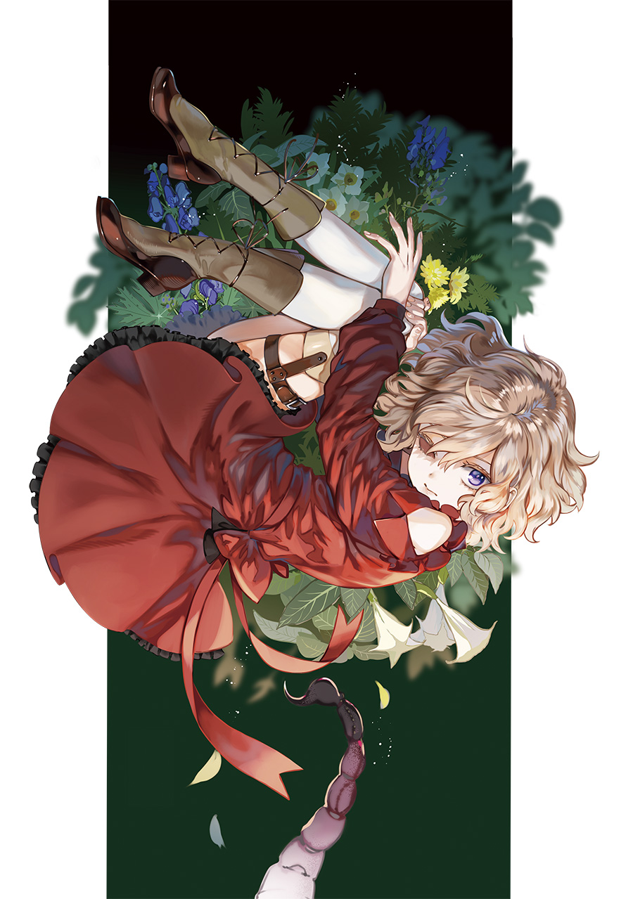 1girl, back_bow, black_background, boots, bow, brown_boots, chashiba_katase, closed_mouth