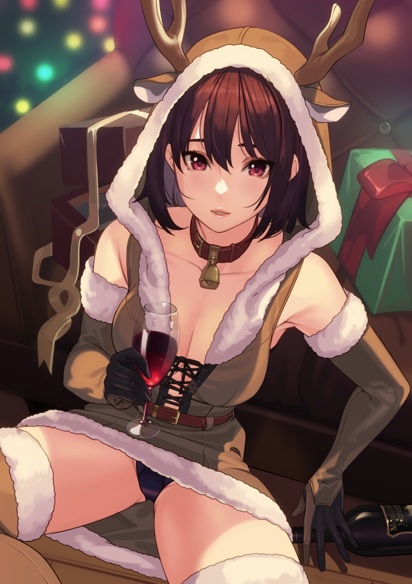 1girl, absurdres, animal_costume, animal_ears, animal_hood, antlers, armchair, bell