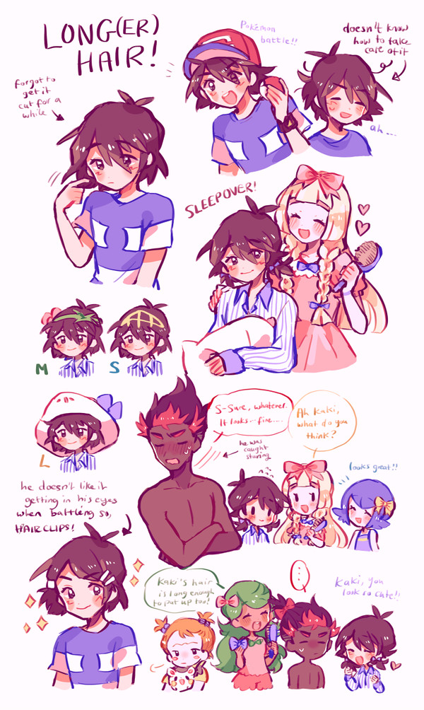 3boys, 3girls, :d, alternate_costume, alternate_hairstyle, arrow_(symbol), ash_ketchum, baseball_cap