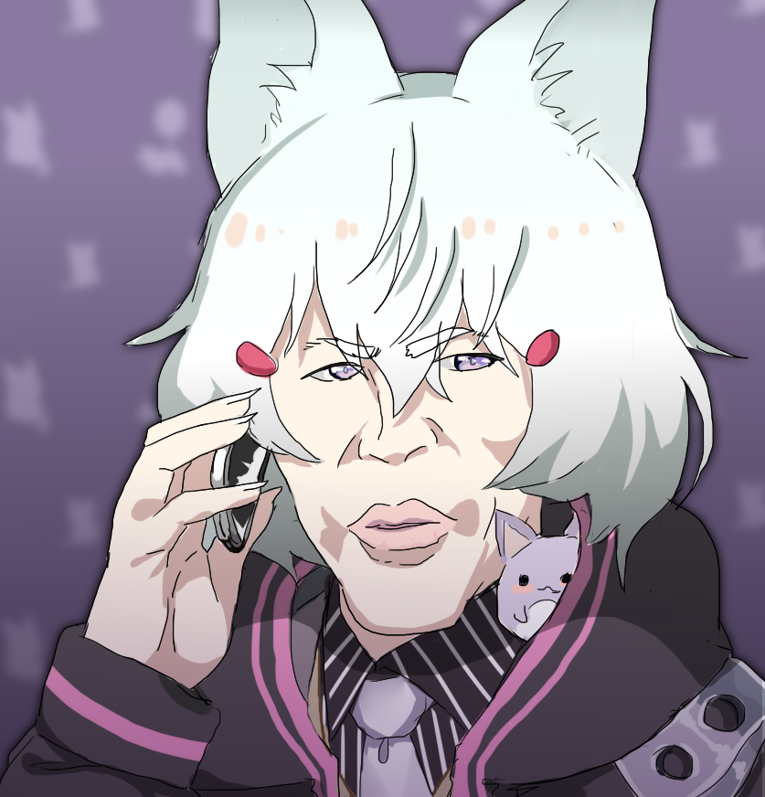 1boy, animal_ear_fluff, animal_ears, black_shirt, blue_hair, cellphone, collared_shirt, commentary, cosplay, english_commentary, hair_between_eyes, holding, holding_phone, hood, hood_down, hooded_jacket, igor_bogdanoff, jacket, light_blue_hair, lips, long_sleeves, medium_hair, meme, necktie, phase_connect, phone, purple_background, purple_eyes, purple_necktie, real_life, shirt, striped_clothes, striped_shirt, tenma_maemi, tenma_maemi_(artist), tenma_maemi_(cosplay), upper_body, virtual_youtuber