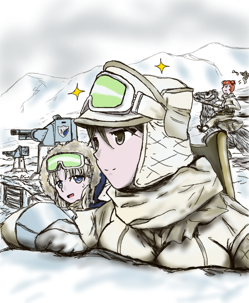 3girls, aki_(girls_und_panzer), brown_eyes, girls_und_panzer, gloves, goggles, goggles_on_head, hoth