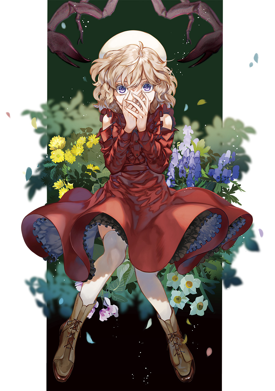 1girl, black_background, boots, brown_boots, chashiba_katase, clothing_cutout, commentary_request, covering_own_mouth, dress, flower, full_body, gradient_background, green_background, hand_over_own_mouth, hands_up, highres, iwanaga_kotoko, kyokou_suiri, long_sleeves, looking_at_viewer, medium_hair, outside_border, petals, pillarboxed, purple_eyes, red_dress, shoulder_cutout, solo, white_legwear