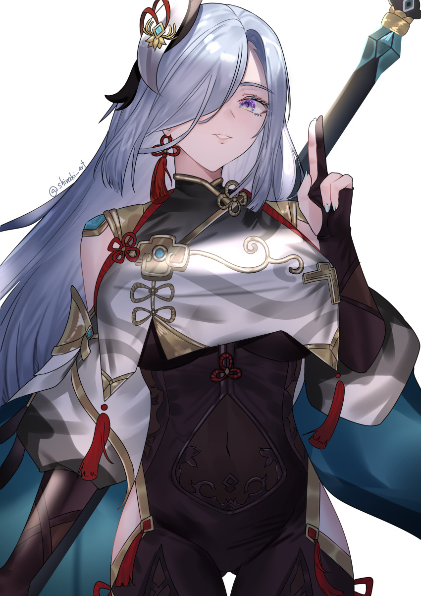 1girl, absurdres, bare_shoulders, blue_eyes, bodysuit, breasts, clothing_cutout, cowboy_shot, fingerless_gloves, genshin_impact, gloves, hair_ornament, hair_over_one_eye, highres, hip_vent, large_breasts, nail_polish, polearm, shenhe_(genshin_impact), shiraki_art, simple_background, smile, solo, weapon, white_background, white_hair
