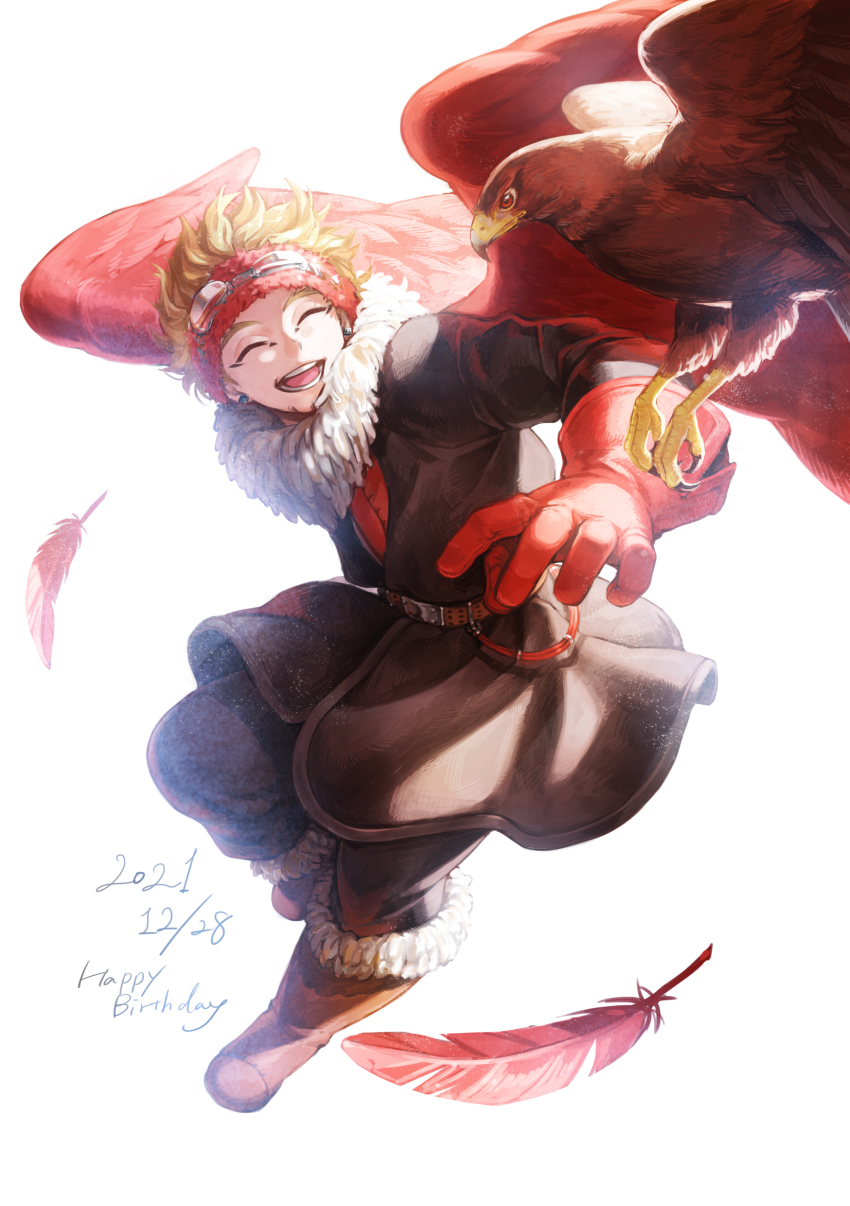1boy, absurdres, belt, bird, blonde_hair, boku_no_hero_academia, boots, earrings, closed_eyes, falconry, feathered_wings, feathers, flying, fur-trimmed_boots, fur-trimmed_jacket, fur_trim, gloves, goggles, goggles_on_headwear, happy_birthday, hawk, hawks_(boku_no_hero_academia), headband, highres, jacket, jewelry, kt_aves, leather, leather_gloves, male_focus, midair, open_mouth, red_feathers, red_gloves, red_headband, smile, solo, stud_earrings, wings, winter_clothes