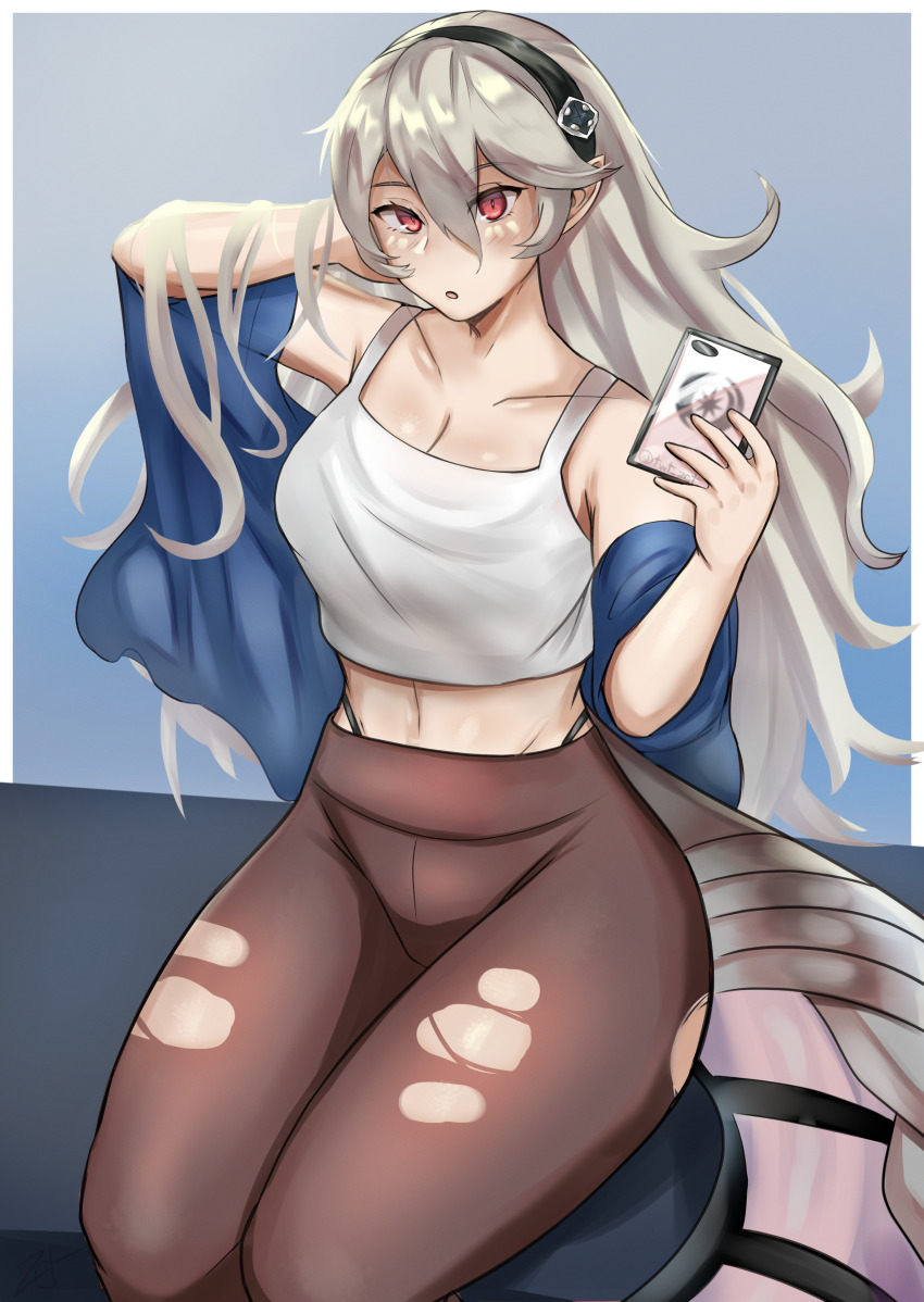 1girl, absurdres, black_pants, blonde_hair, breasts, cellphone, cleavage, collarbone
