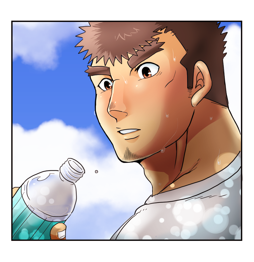1boy, bara, blush, bottle, brown_hair, facial_hair, goatee, holding