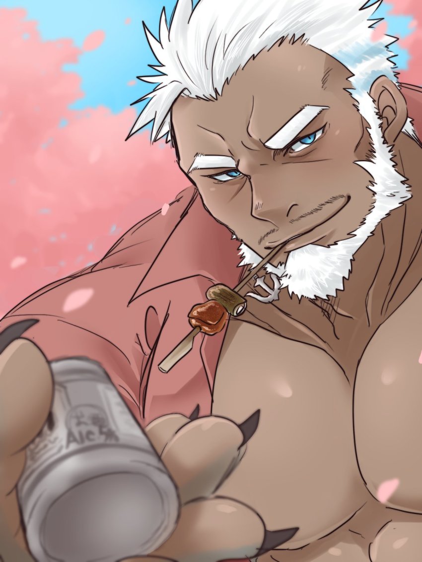 1boy, aegir_(housamo), alternate_costume, anchor_earrings, aqua_hair, bara, beard, blue_eyes