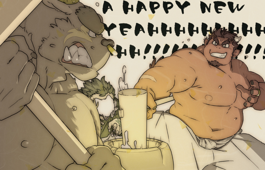 3boys, abs, animal_ears, asterius_(housamo), bara, blush, brown_fur, character_request