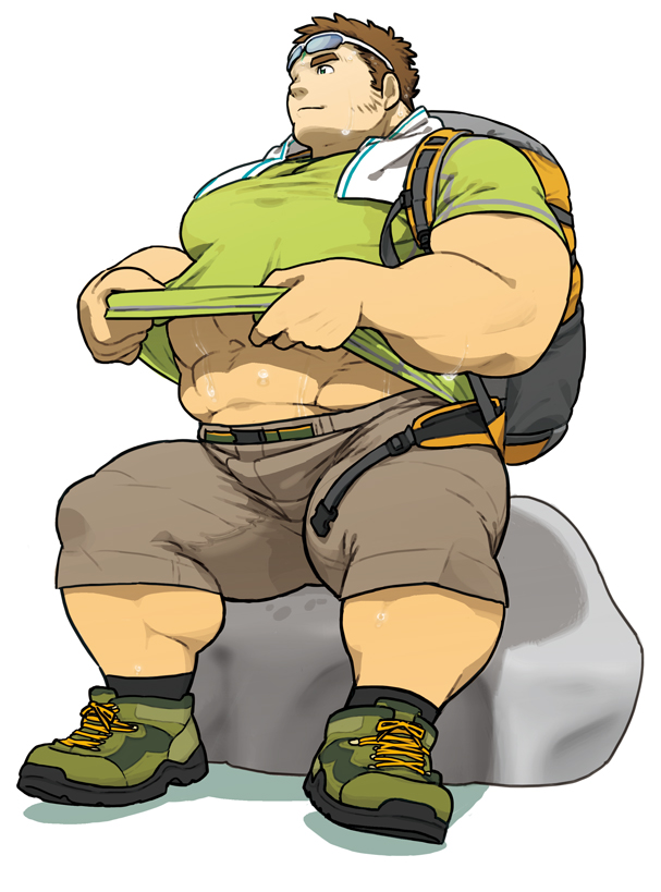 1boy, abs, backpack, bag, bara, clothes_lift, eyewear_on_head, full_body
