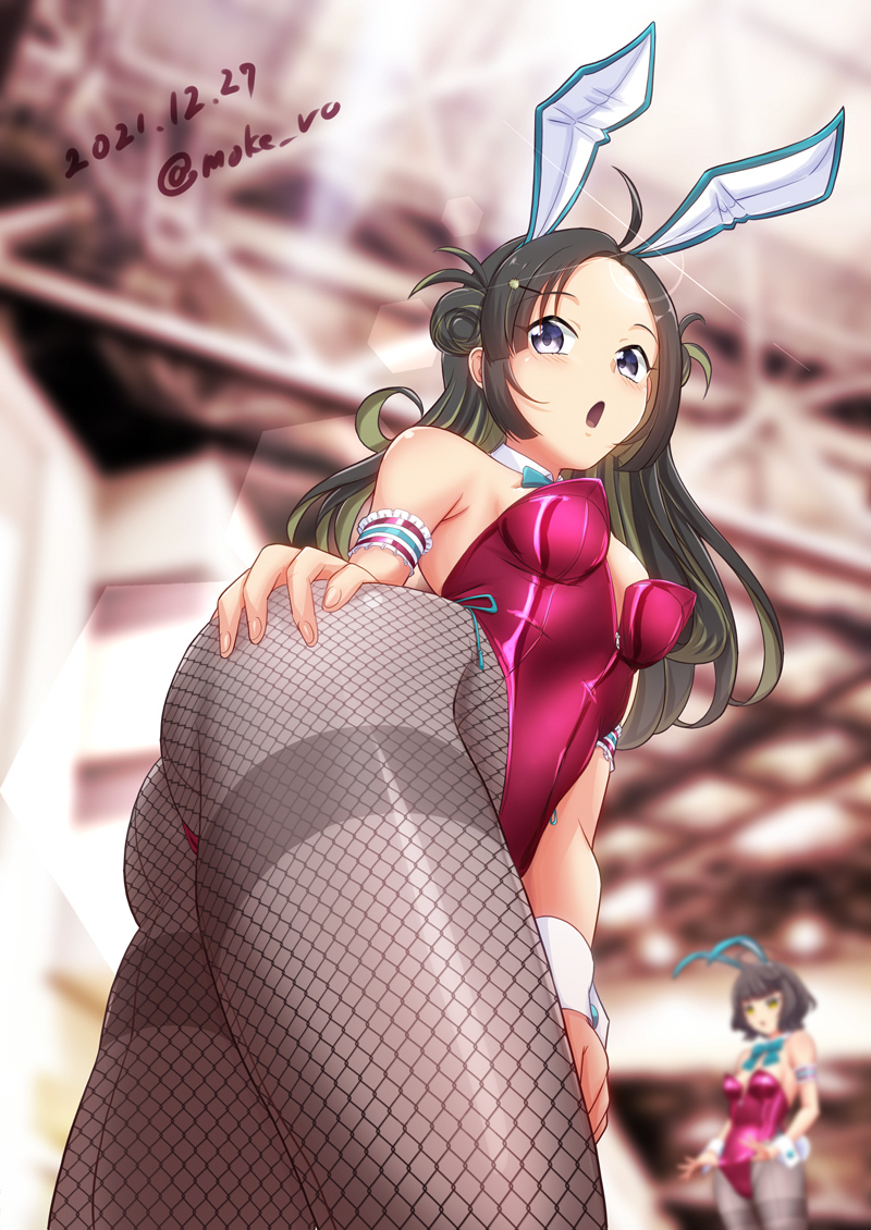 2girls, :o, ahoge, aqua_bow, aqua_bowtie, armband, artist_name, ass