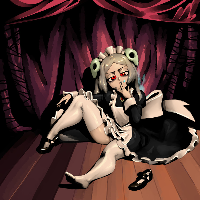 1girl, absurdres, apron, bloody_marie_(skullgirls), blue_fire, brooch, cigarette, curtains