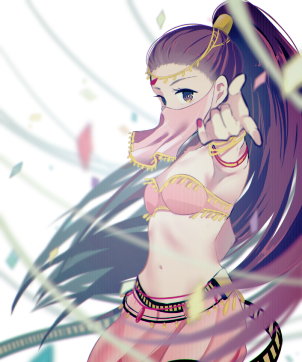 1girl, arabian_clothes, bracelet, breasts, brown_eyes, brown_hair, dancer, gensou_suikoden, gensou_suikoden_ii, hair_tubes, high_ponytail, jewelry, karen_(suikoden), kouga_(mutsumi), long_hair, looking_at_viewer, medium_breasts, midriff, mouth_veil, nail_polish, navel, ponytail, see-through_clothes, shawl, solo, veil, very_long_hair