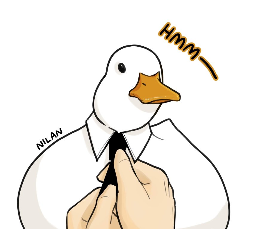 1other, animal, animal_focus, artist_name, bird, black_necktie, detached_collar, duck, highres, looking_at_viewer, mafiaduck_(nilan), necktie, nilan_1999, original, simple_background, tying_necktie, white_background