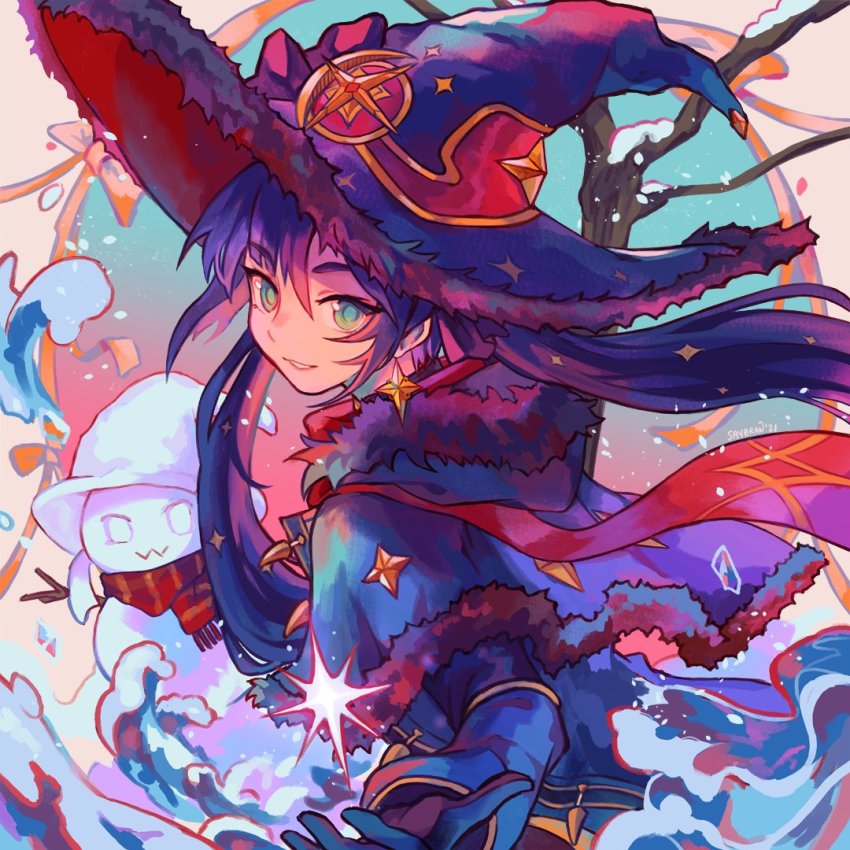 1girl, adapted_costume, bare_tree, black_gloves, blue_capelet, blue_eyes, blue_hair, blue_hat