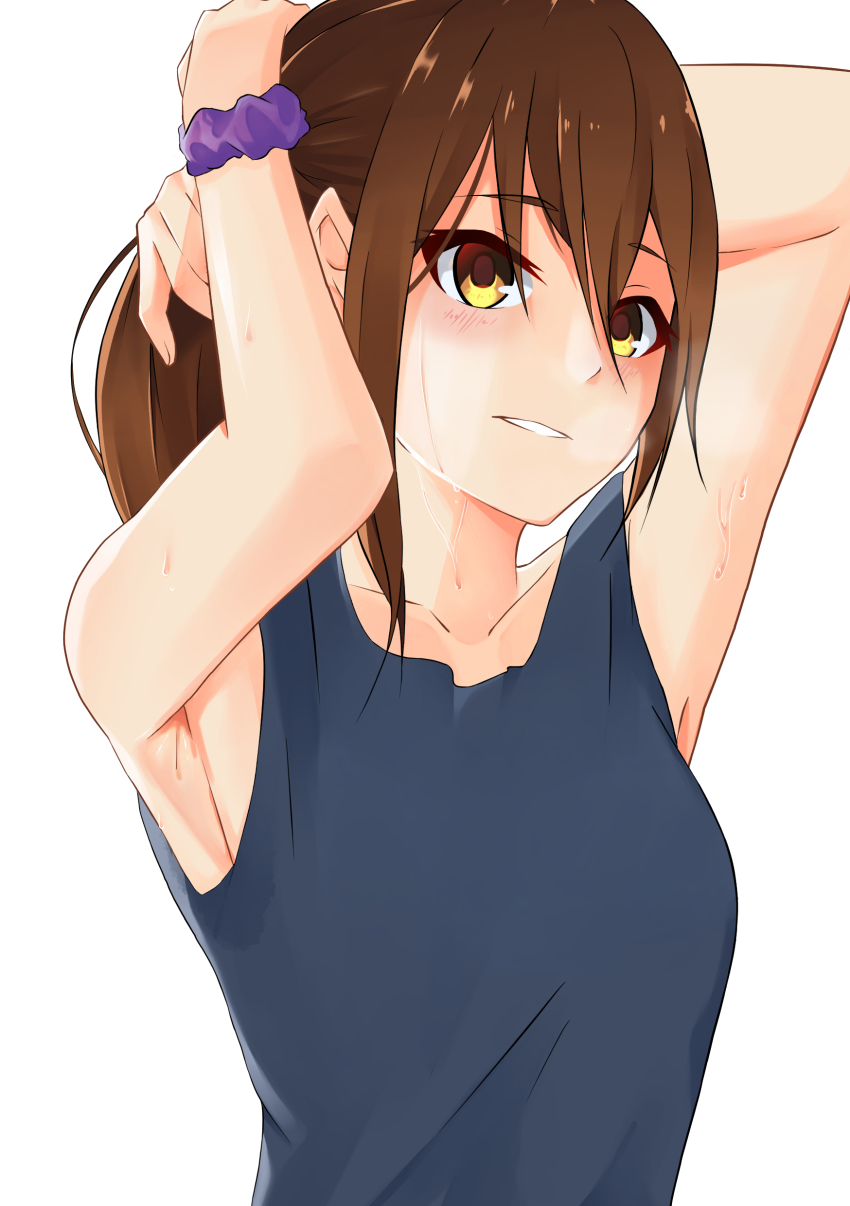 1girl, absurdres, armpits, arms_up, blanc_(studio_artblock), blue_tank_top, blush, brown_hair