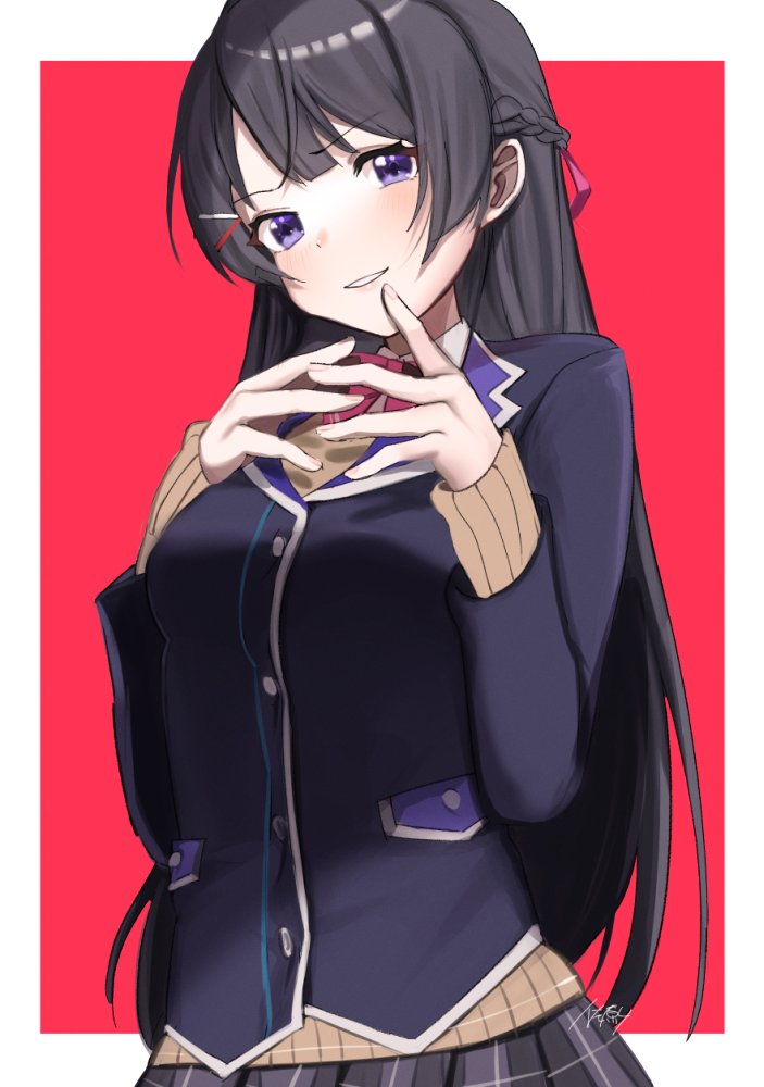 1girl, black_hair, black_jacket, black_skirt, blazer, blue_eyes, blush, bow