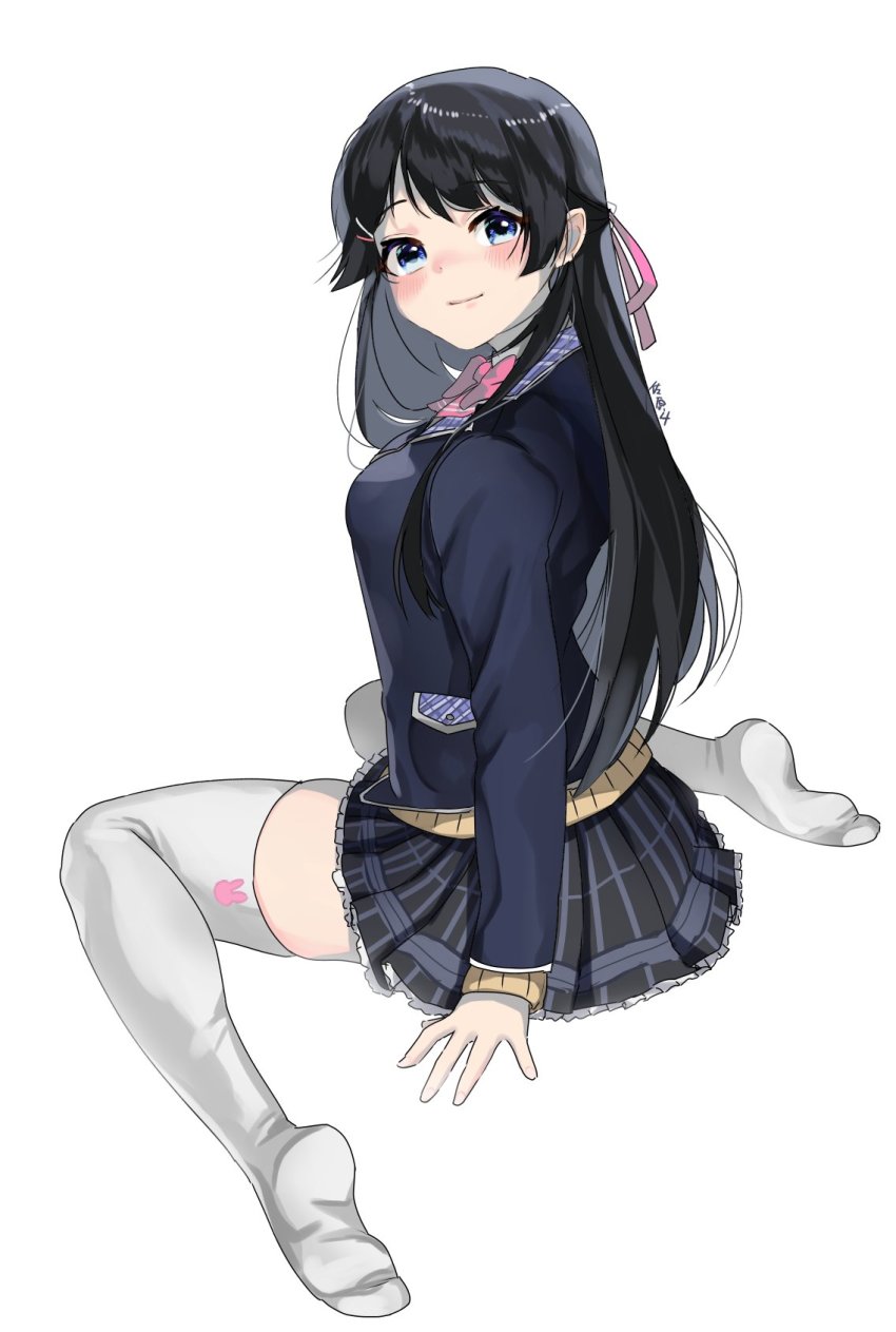 1girl, black_hair, black_jacket, black_skirt, blazer, blue_eyes, blush, bow, bowtie, breasts, cardigan, closed_mouth, commentary, full_body, hair_ornament, hair_ribbon, hairclip, highres, jacket, long_hair, long_sleeves, looking_at_viewer, medium_breasts, miniskirt, nijisanji, no_shoes, pink_bow, pink_bowtie, pink_ribbon, plaid_clothes, plaid_skirt, pleated_skirt, ribbon, sahara, school_uniform, signature, simple_background, sitting, skirt, smile, solo, straight_hair, swept_bangs, thighhighs, tsukino_mito, tsukino_mito_(1st_costume), virtual_youtuber, wariza, white_background, white_thighhighs, yellow_cardigan, zettai_ryouiki