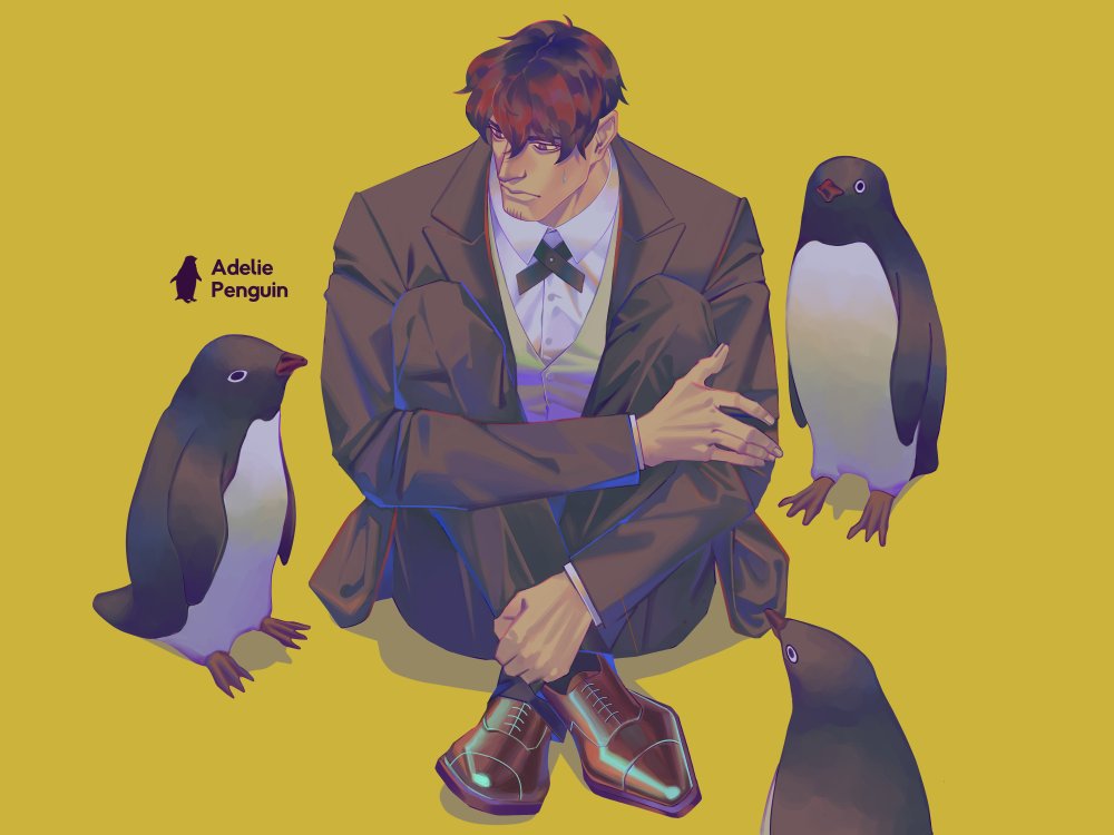1boy, adelie_penguin, animal, bird, black_hair, black_jacket, black_pants, brown_footwear