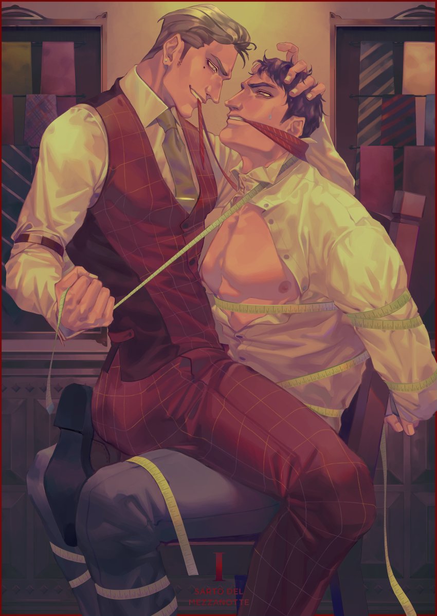 2boys, arms_behind_back, bara, bare_pectorals, bdsm, black_hair, blonde_hair, bondage, bound, bound_arms, buttons, chair, clenched_teeth, collared_shirt, earrings, eye_contact, gagged, grey_pants, hand_on_another's_head, highres, jewelry, large_pectorals, looking_at_another, male_focus, mole, mole_under_eye, multiple_boys, muscular, muscular_male, necktie, nipples, original, pants, partially_unbuttoned, pectorals, red_pants, red_vest, restrained, shirt, short_hair, sideburns, sitting, sitting_on_person, teeth, ueno_kishi, vest, white_shirt, yaoi