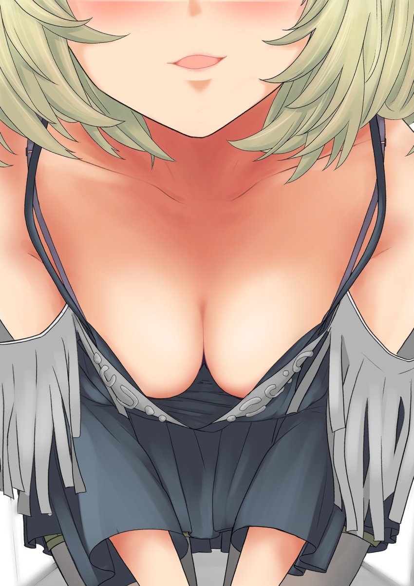 1girl, all_fours, black_bra, blush, bra, breasts, cleavage, collarbone, downblouse, ebifryman, head_out_of_frame, highres, idolmaster, idolmaster_cinderella_girls, leaning_forward, light_green_hair, out_of_frame, short_hair, solo, takagaki_kaede, underwear