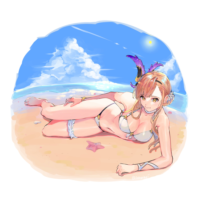 1girl, absurdres, arm_support, armpit_crease, bangle, bare_shoulders, bikini, bracelet, breasts, cleavage, closed_mouth, cloud, collarbone, flower, frilled_thigh_strap, full_body, granblue_fantasy, groin, hair_bun, hair_flower, hair_ornament, halterneck, highres, indra_(szzupiopi), jewelry, large_breasts, long_hair, looking_at_viewer, lying, navel, on_side, orange_hair, shore, single_hair_bun, smile, solo, starfish, string_bikini, sun, swimsuit, thigh_strap, tweyen_(eternal's_summer_vacation)_(granblue_fantasy), tweyen_(granblue_fantasy), water, white_bikini, yellow_eyes