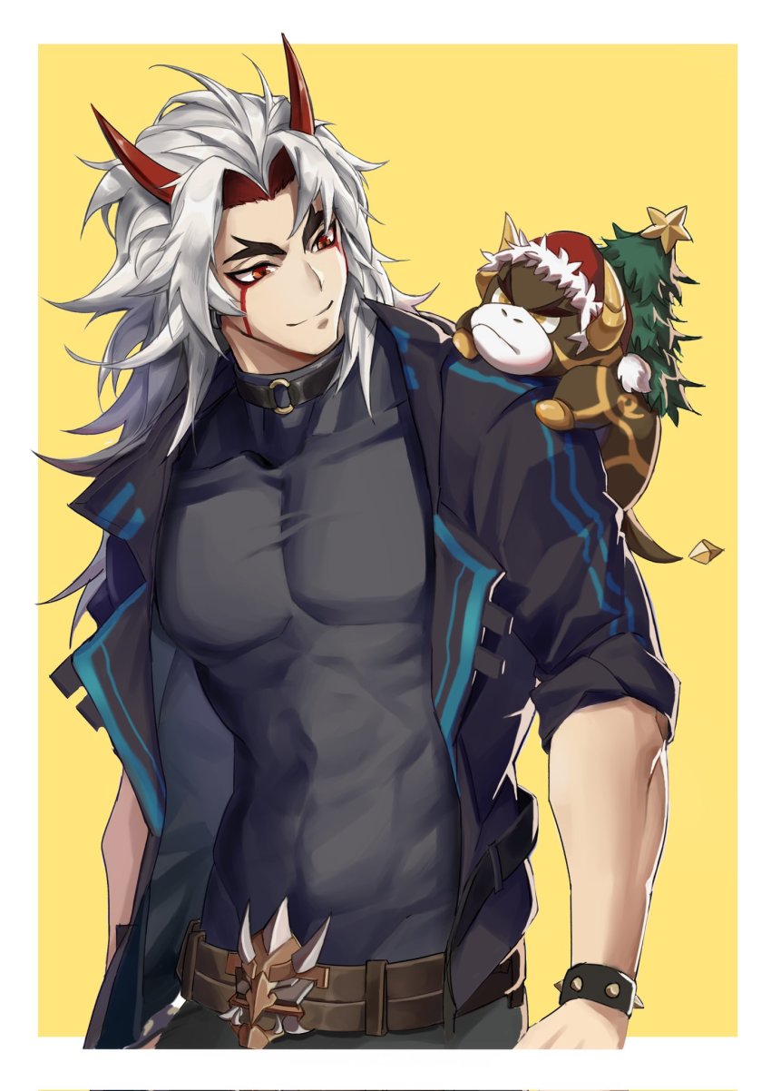 1boy, abs, arataki_itto, aussummer, belt, belt_buckle, body_markings, bodysuit, bracelet, buckle, choker, christmas_tree, genshin_impact, groin, hair_intakes, hat, highres, hip_bones, horns, jacket, jewelry, large_pectorals, long_hair, male_focus, muscular, oni, oni_horns, pectorals, red_horns, santa_hat, sleeves_rolled_up, spiked_bracelet, spikes, ushi_(genshin_impact), wristband, yellow_background