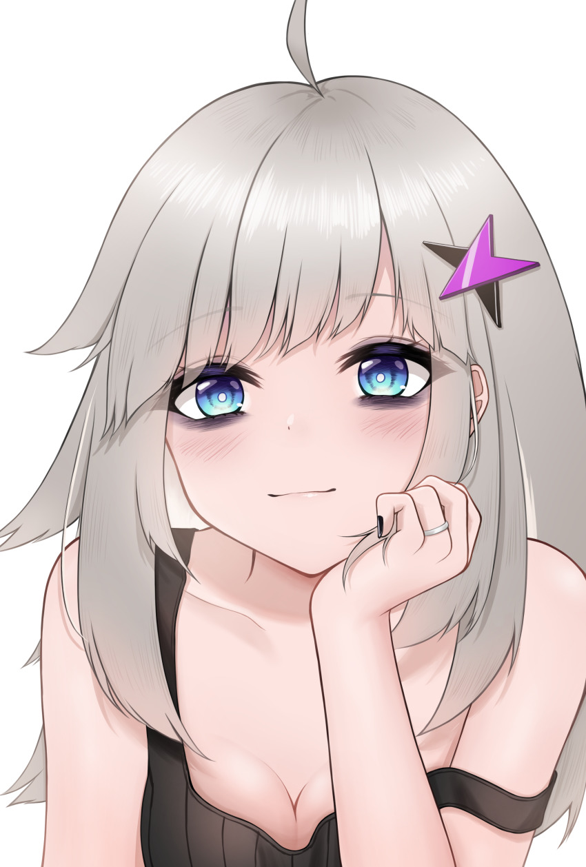 1girl, aa-12_(girls'_frontline), absurdres, bags_under_eyes, black_nails, black_shirt, blue_eyes, blush