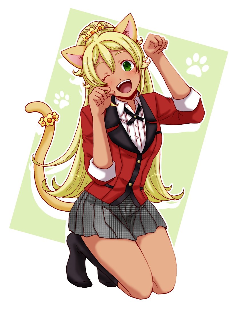 1girl, absurdres, animal_ears, black_legwear, blonde_hair, blush, cat_ears, cat_tail