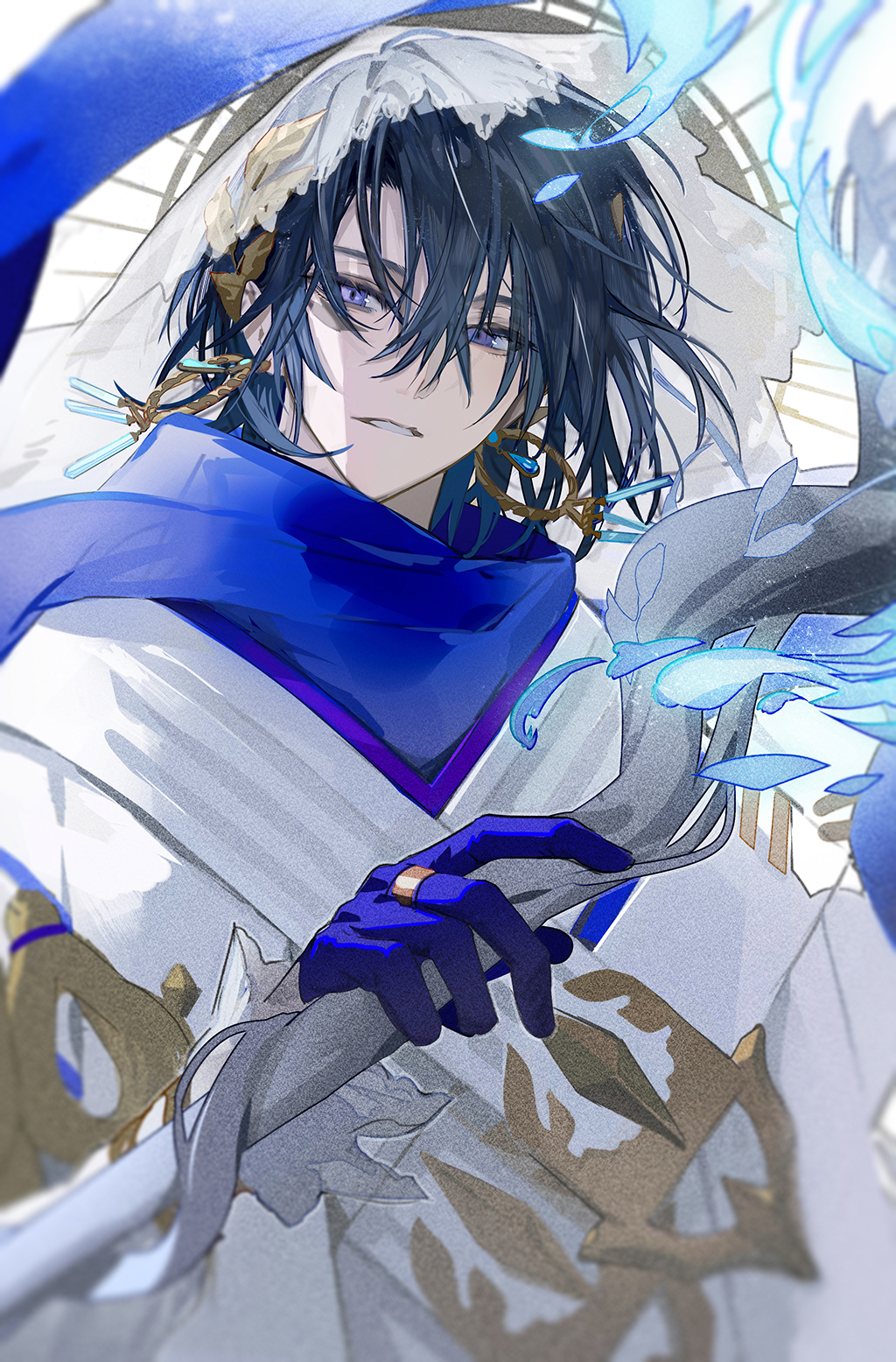 1boy, alchemy_stars, blue_eyes, blue_gloves, blue_hair, blue_scarf, cloak, commentary_request