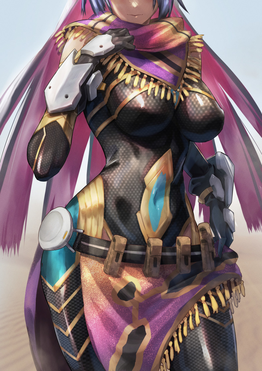 1girl, absurdres, belt, black_hair, blue_hair, bodysuit, breasts, closed_mouth, commentary_request, covered_erect_nipples, covered_navel, cowboy_shot, dark-skinned_female, dark_blue_hair, dark_skin, desert, dress, gold_trim, hand_on_own_chest, highres, large_breasts, legs_apart, mechanical_arms, multicolored_hair, nadereh_(pso2ngs), phantasy_star, phantasy_star_online_2, phantasy_star_online_2_new_genesis, pink_hair, pointy_breasts, pouch, sakazuki_sudama, scarf, shaded_face, shiny_clothes, solo, standing, tan, tassel, thighs