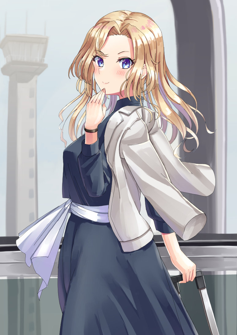 1girl, black_shirt, black_skirt, blonde_hair, blue_eyes, blush, closed_mouth, hornet_(jal)_(kancolle)