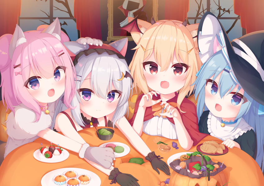 4girls, animal_ears, asahi_nano_(cafe_omusubiya), blonde_hair, blue_eyes, blue_hair, bow, breasts