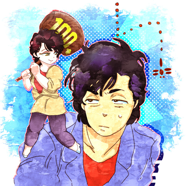 1boy, 1girl, ah-lyong_lee, bad_id, bad_pixiv_id, city_hunter, ebi_(soshoku), hammer