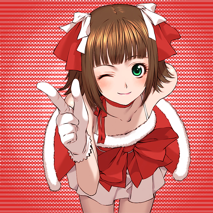 00s, 1girl, amami_haruka, christmas, cowboy_shot, cute_&amp;_girly_(idolmaster), dress, female_focus, foreshortening, idolmaster, idolmaster_(classic), idolmaster_1, noel_angelic, noel_angelic_(idolmaster), pointing, red_background, red_theme, ribbon, sakamoto_mineji, santa_costume, short_hair, solo