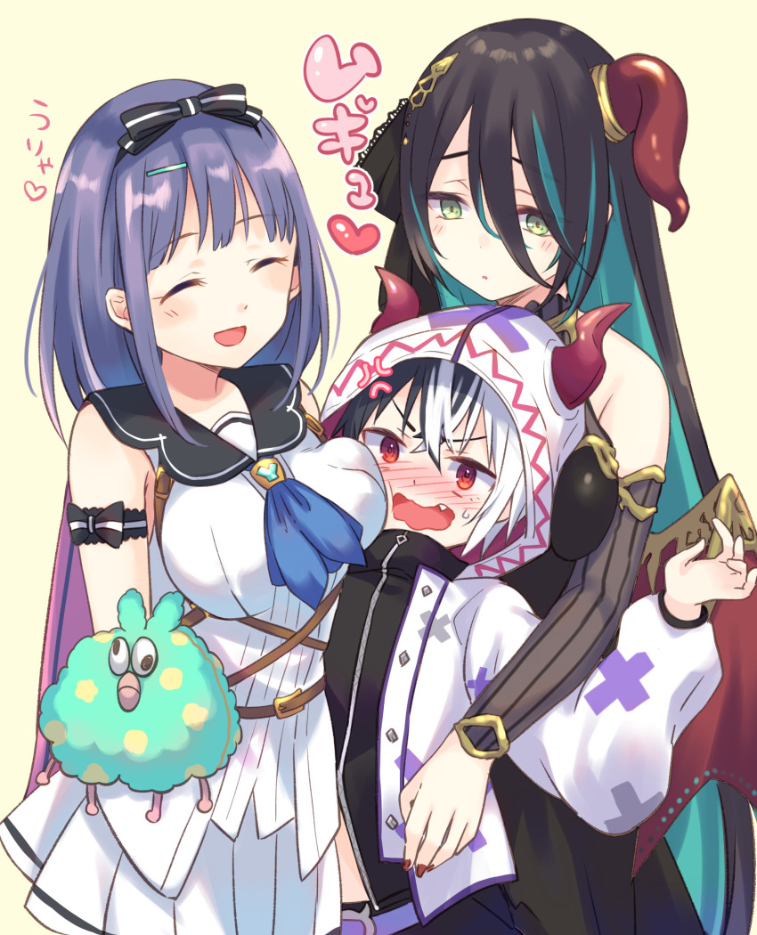 1girl, 2girls, blush, breast_pillow, breasts, green_eyes, gucchiann, highres, kariza_(princess_connect!), large_breasts, misora_(princess_connect!), multiple_girls, nail_polish, princess_connect!, ranpha_(princess_connect!), shota, skirt, smile