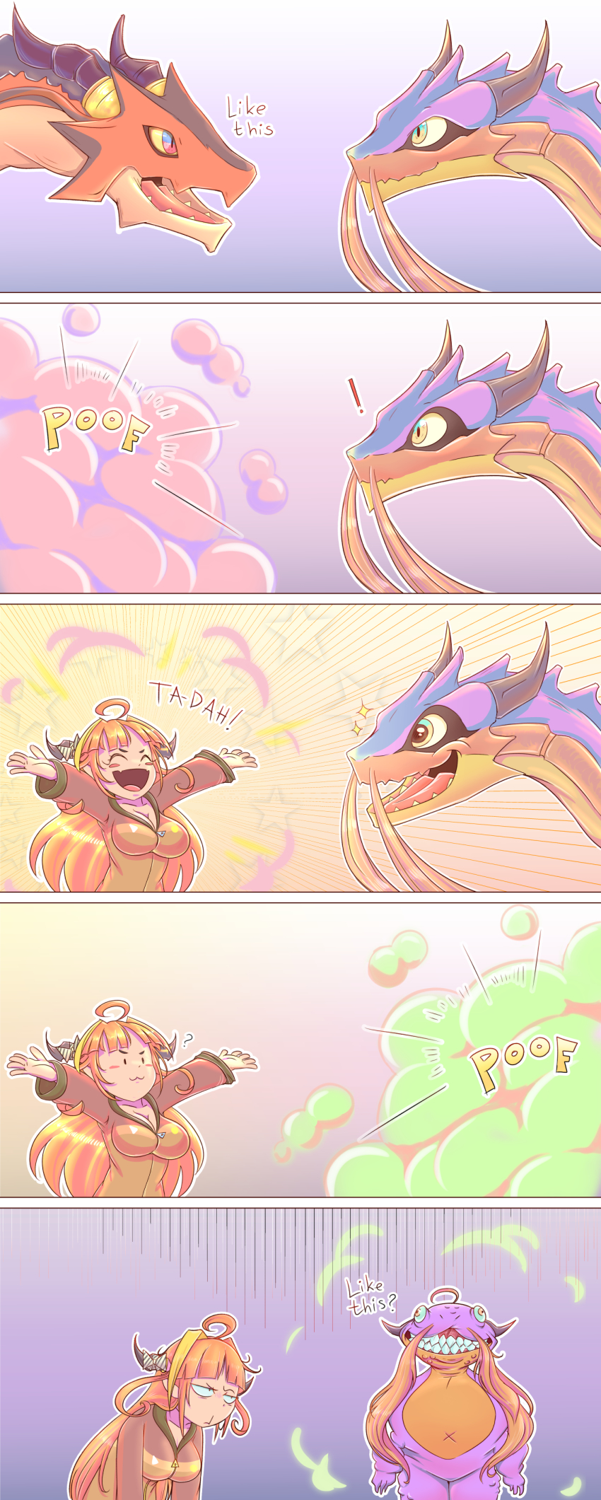 absurdres, ahoge, blonde_hair, bow, diagonal-striped_bow, dragon, dragon_girl, dragon_horns