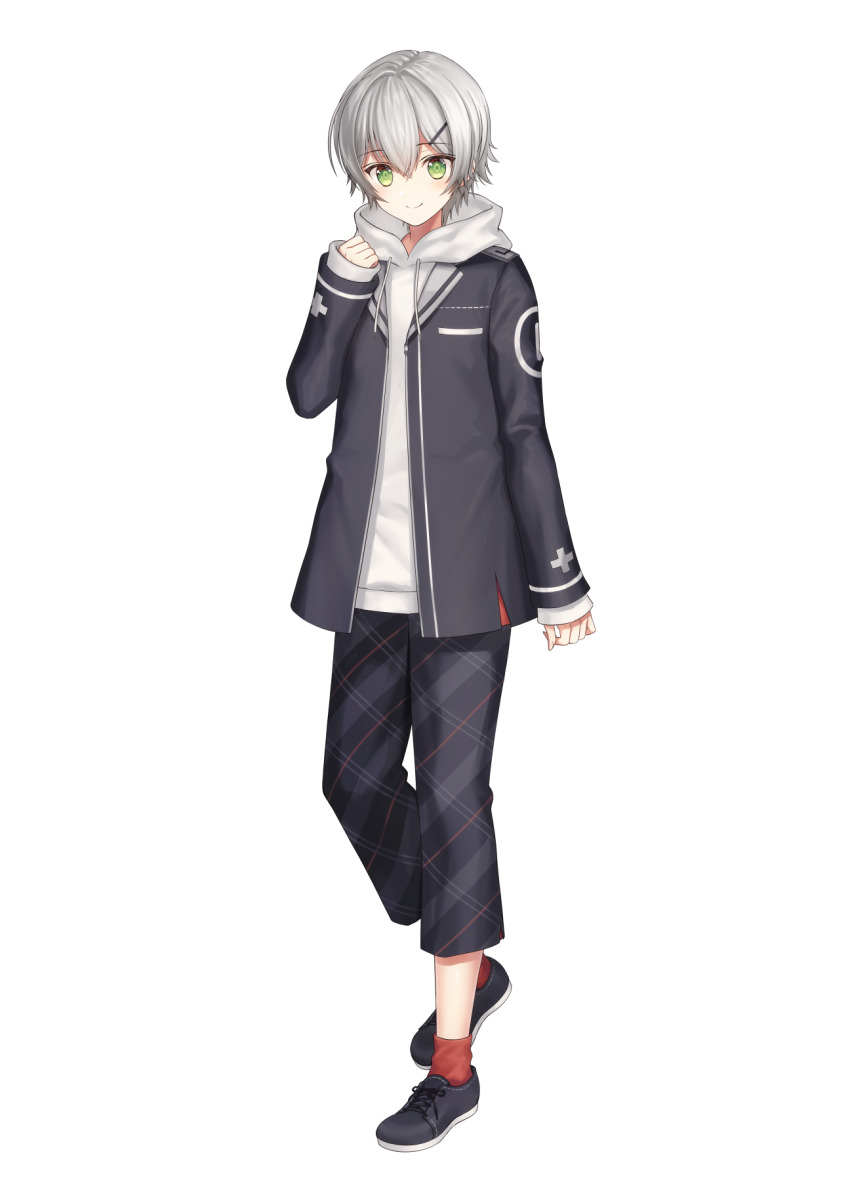 1boy, blush, caopy123, game_club_project, green_eyes, grey_hair, hair_ornament, hairclip