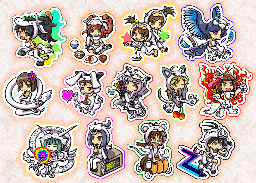 00s, 6+girls, akizuki_ritsuko, amami_haruka, animal_costume, boar_(chinese_zodiac), cherry, chibi